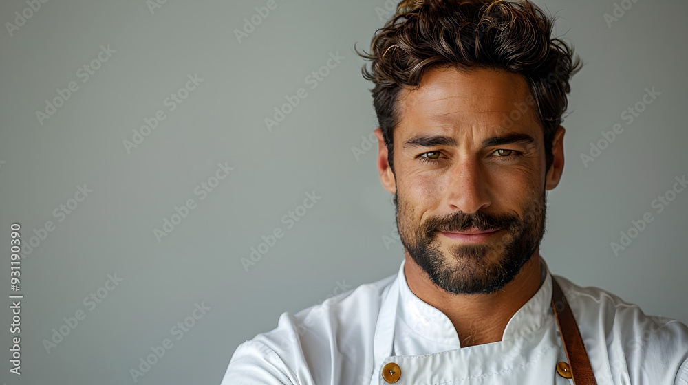 Confident and Focused Culinary Expert in Chef s Uniform on Plain Background Confident and Focused Culinary Expert in Chef s Uniform on Plain Background