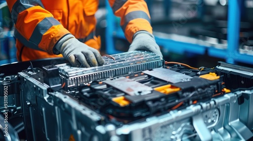 Assembly Line Worker Installing Electric Vehicle Battery