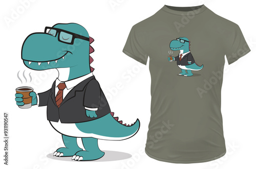 Cute T-rex dinosaur in a business outfit and having a cup of coffee. Vector illustration for tshirt, website, clip art, poster and print on demand merchandise.