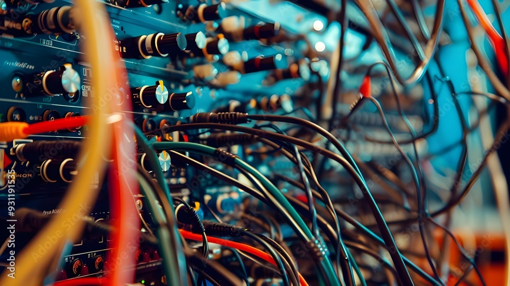 A tangled network of audio cables that connect the equipment to it A tangled network of audio cables that connect the equipment to it