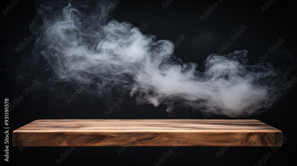 Wooden table with subtle smoke trails rising blending with a black background Wooden table with subtle smoke trails rising blending with a black background