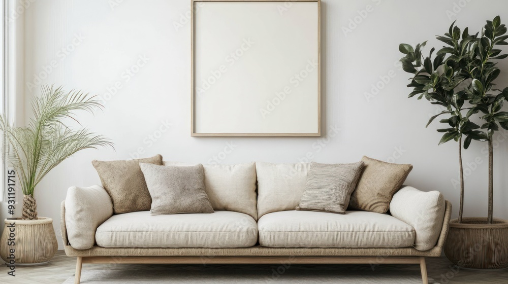 Naklejka premium Minimalist Living Room with Sofa, Plants, and Blank Canvas