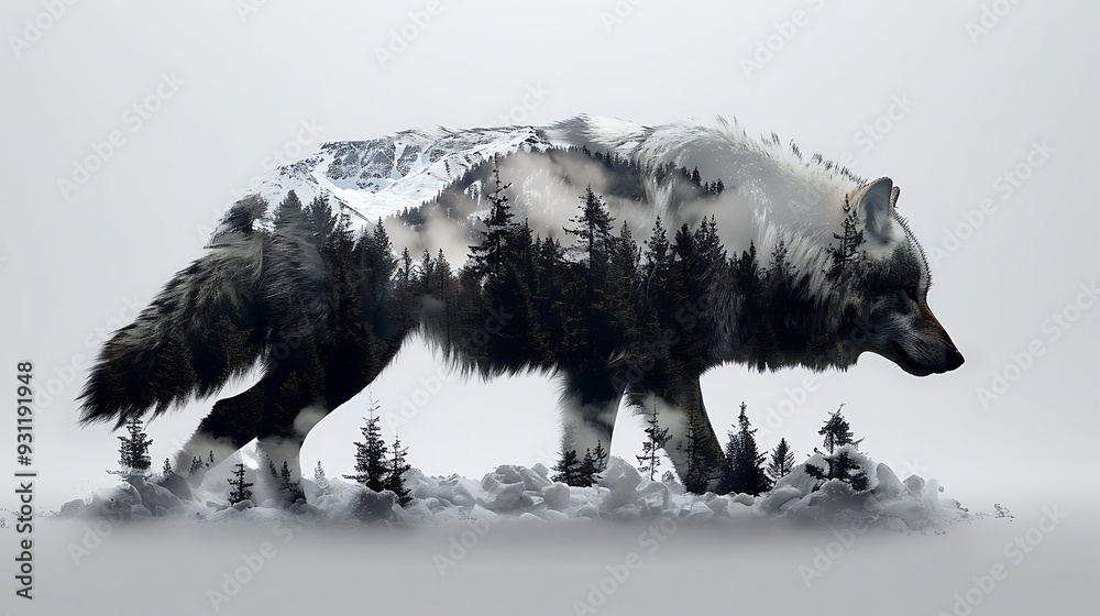 Φωτογραφία Double exposure of a wolf in mid-howl, blending with the rugged landscape of a forested mountain, set on a pure white background