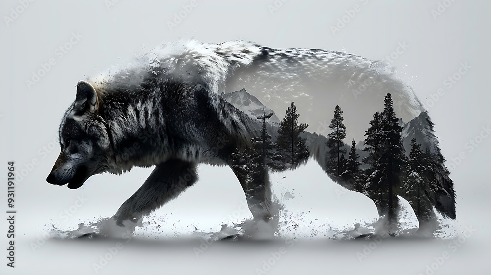 Φωτογραφία Double exposure of a wolf in mid-howl, its body merging with the imagery of tall pine trees and rugged mountains, all set on a pure white background