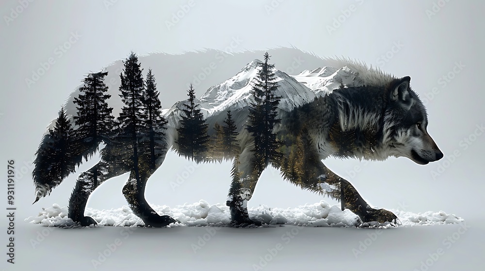 Φωτογραφία Double exposure of a wolf in mid-howl, its body merging with the imagery of tall pine trees and rugged mountains, all set on a pure white background