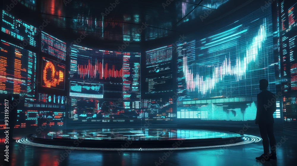 A lone figure in a futuristic room surrounded by glowing digital displays. A lone figure in a futuristic room surrounded by glowing digital displays.