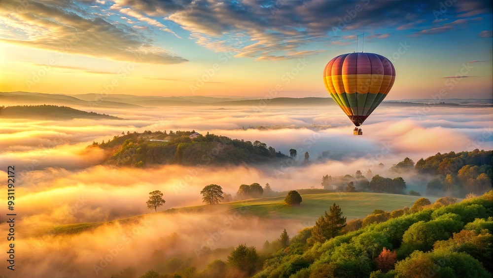 Obraz premium Hot air balloon floating above misty landscape at dawn, hot air balloon, floating, golden sky, dawn, mist, landscape