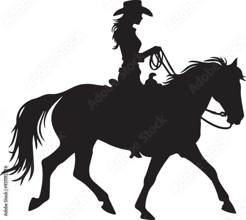 Cowgirl riding a horse silhouette of editable vector illustration