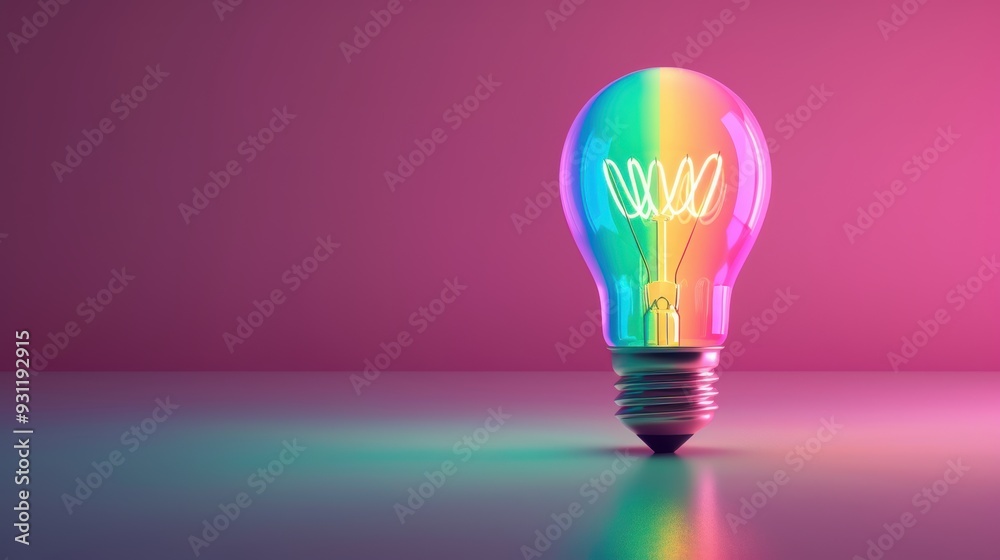 A simple and elegant concept of a lightbulb illuminated in rainbow colors, representing ideas and inspiration. The minimalist design with plenty of copy space is ideal for various creative projects. A simple and elegant concept of a lightbulb illuminated in rainbow colors, representing ideas and inspiration. The minimalist design with plenty of copy space is ideal for various creative projects.