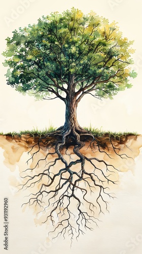 Watercolor illustration of a large tree with its roots extending out of the ground.