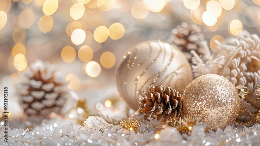 Christmas and New Year decorations in rich gold and crystal for festive party decor greeting card with monochrome pastel colors and copy space Christmas and New Year decorations in rich gold and crystal for festive party decor greeting card with monochrome pastel colors and copy space
