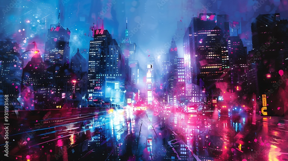 A double exposure watercolor of a city at night intertwined with neon lights, urban buildings merging with glowing neon patterns, expressive brushwork, rich blues and vibrant pinks, A double exposure watercolor of a city at night intertwined with neon lights, urban buildings merging with glowing neon patterns, expressive brushwork, rich blues and vibrant pinks,