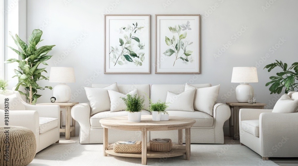 Minimalist Living Room Decor with White Sofa and Greenery Minimalist Living Room Decor with White Sofa and Greenery