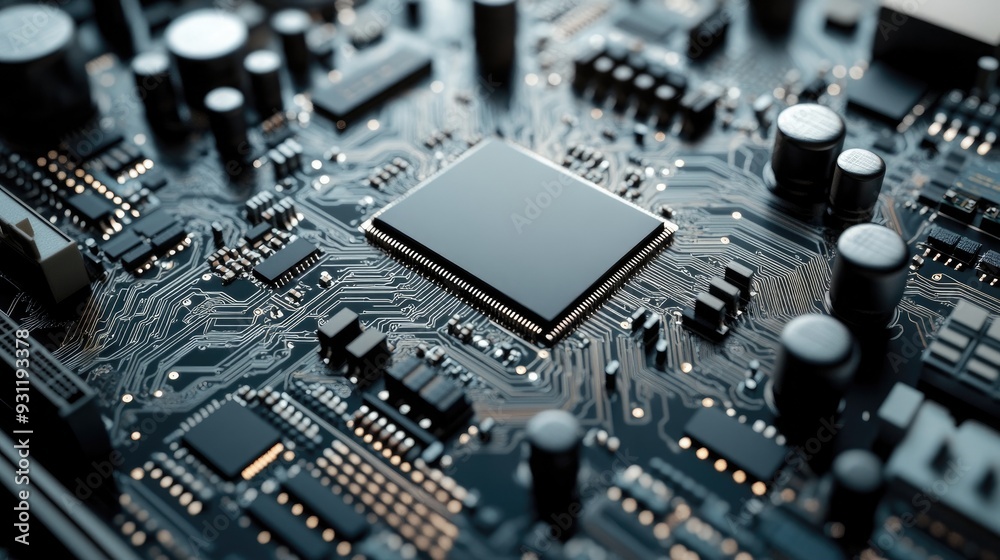 Close-up of a circuit board with a processor chip in the center. Close-up of a circuit board with a processor chip in the center.