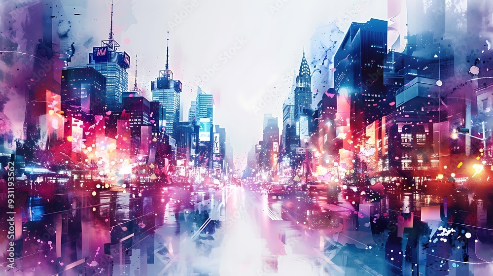 Obraz premium A double exposure watercolor of a city street at night with neon lights, buildings blending with glowing neon patterns, soft and expressive brushwork, bright blues, pinks, and purples,