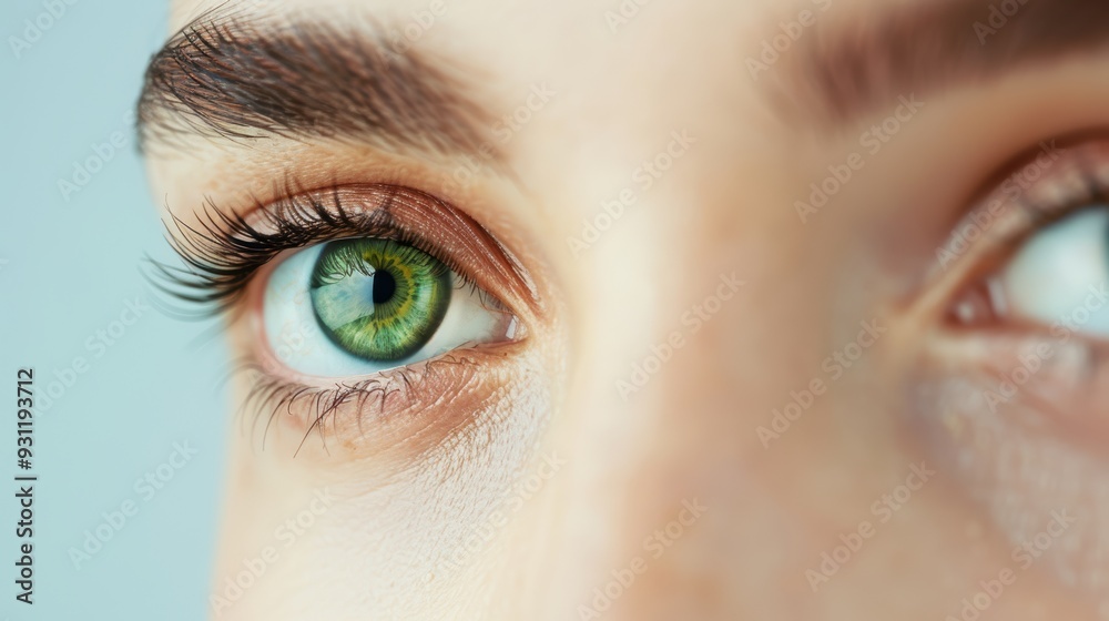 Fototapeta premium A close-up of a green eye, captured in a minimalistic style with a clean background and ample copy space. The simplicity of the composition highlights the vivid eye color.