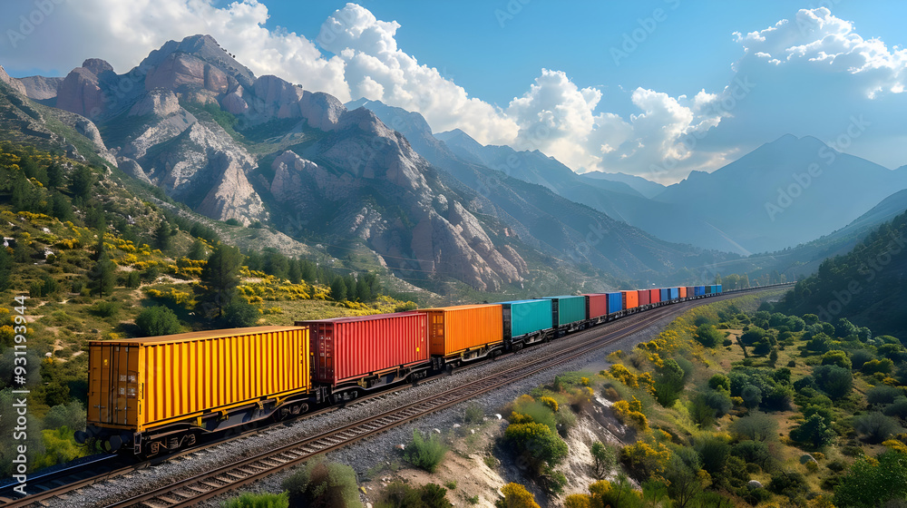 Fototapeta premium Freight Train Through Mountain Pass Photo
