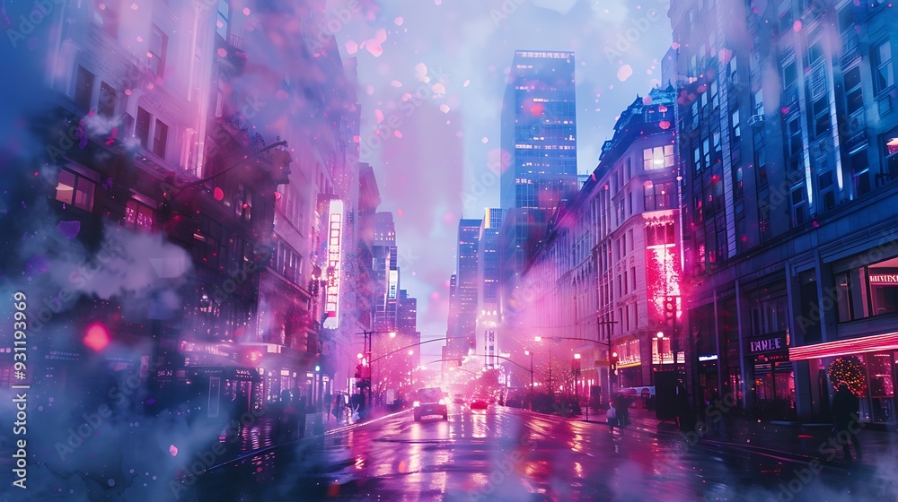 A double exposure watercolor of a city street with neon light patterns, the buildings blending with glowing neon designs, soft and expressive brushwork, bright blues, pinks, and purples, A double exposure watercolor of a city street with neon light patterns, the buildings blending with glowing neon designs, soft and expressive brushwork, bright blues, pinks, and purples,