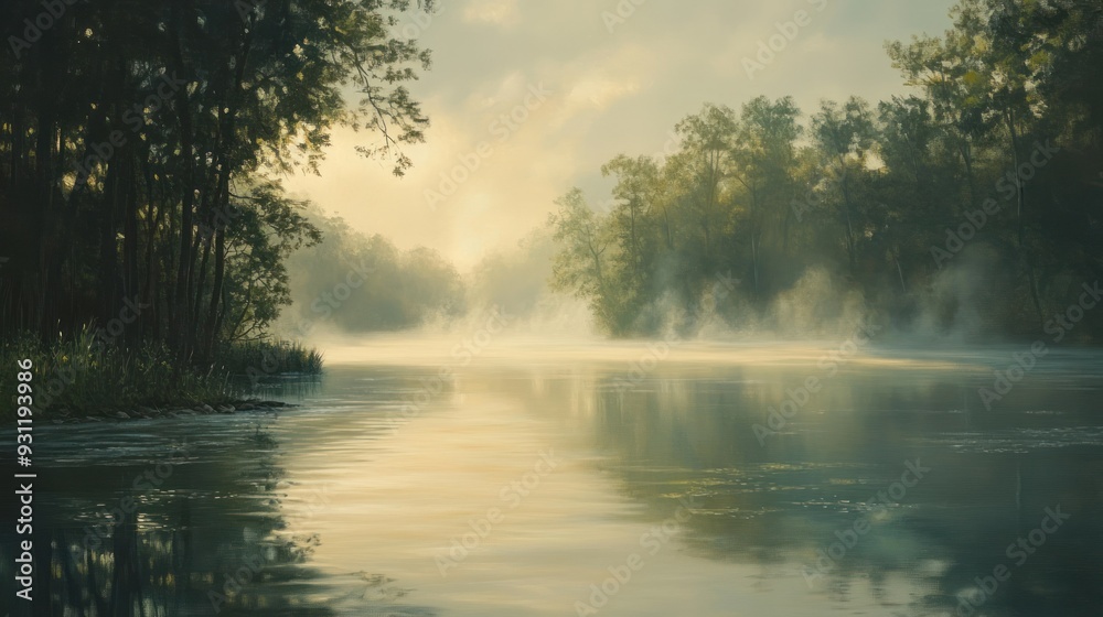 Fototapeta premium Misty Morning Sunrise Over a Still River in a Forest