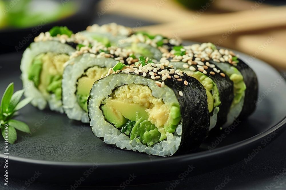 Exquisite avocado sushi rolls garnished with ginger on a stylish black plate, japanese cuisine. Generative Ai Exquisite avocado sushi rolls garnished with ginger on a stylish black plate, japanese cuisine. Generative Ai