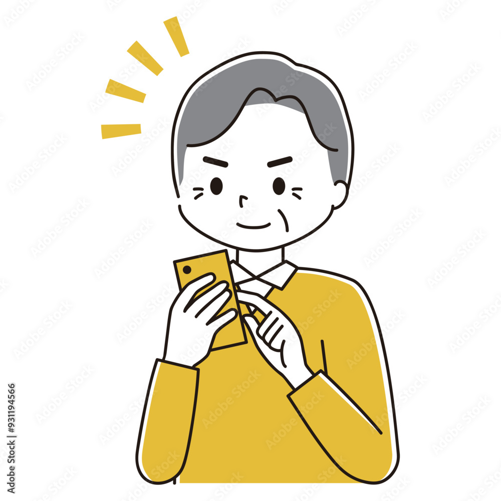 スマホをタップして気付く高齢男性のイラスト スマホをタップして気付く高齢男性のイラスト