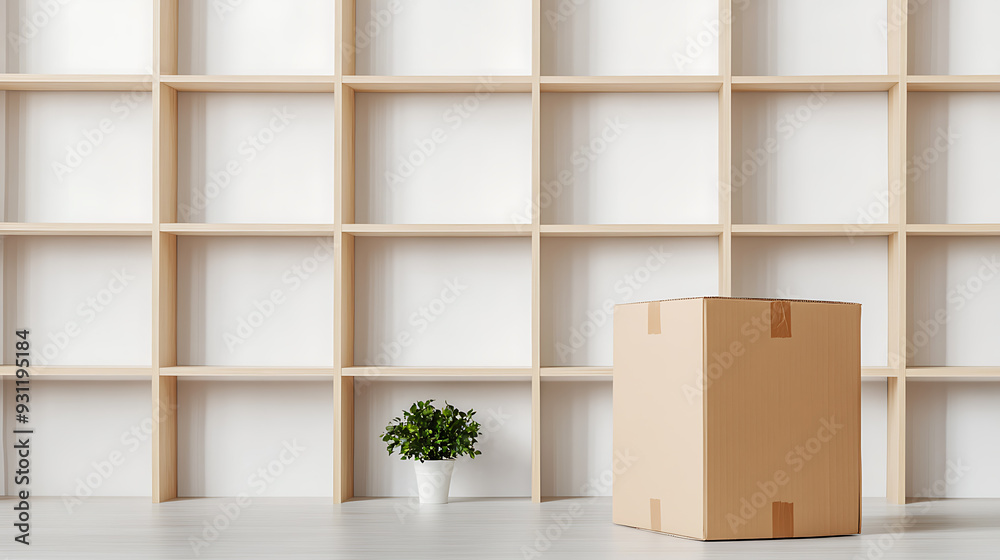 A box is sitting on a shelf in a room with a potted plant A box is sitting on a shelf in a room with a potted plant