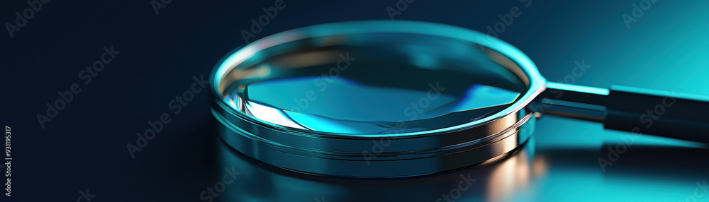 A close up view of magnifying glass resting on dark surface, reflecting light with sleek, modern design. image conveys sense of curiosity and investigation.