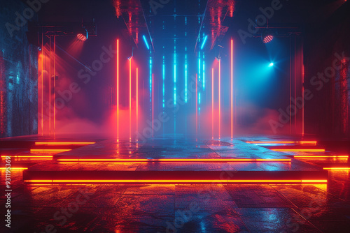 abstract technology background features an empty stage illuminated by neon lights and a futuristic laser show, creating dynamic shapes against a dark backdrop, resulting in a captivating and futuristi photo