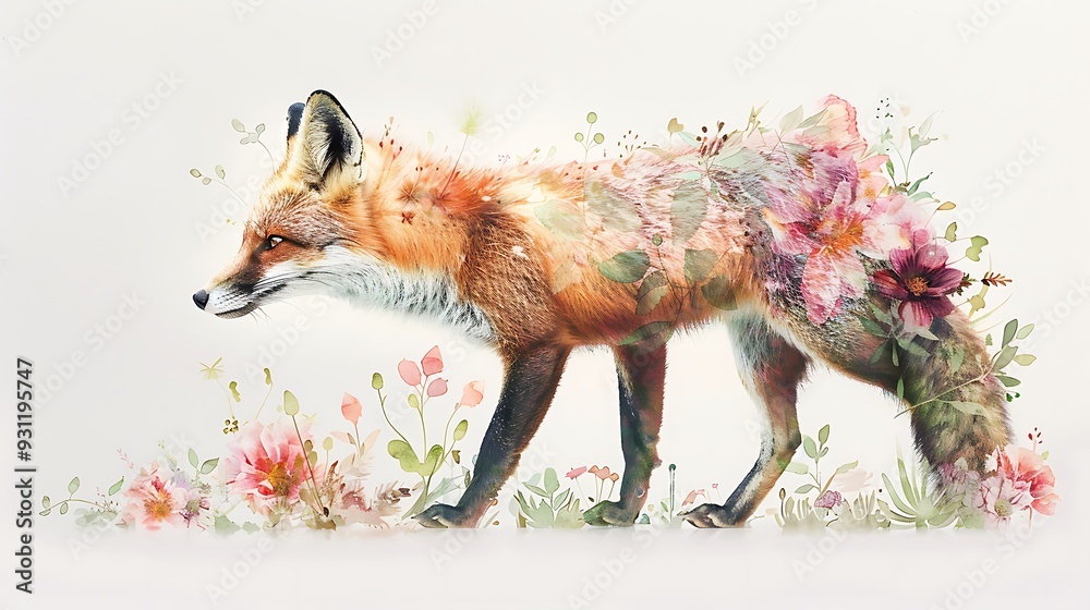 Obraz premium A double exposure watercolor of a fox with floral designs, the fox's shape blending with blooming flowers and leaves, soft and expressive brushwork, bright pinks, purples, and greens,