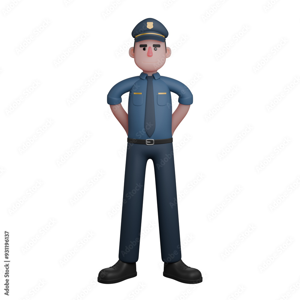 Cartoon Male Police. A police officer stands with his hands behind his back. 3D Law Officer Cartoon Male Police. A police officer stands with his hands behind his back. 3D Law Officer