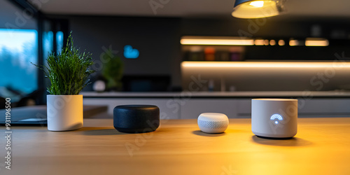 Home automation devices displayed on modern shelf. photo