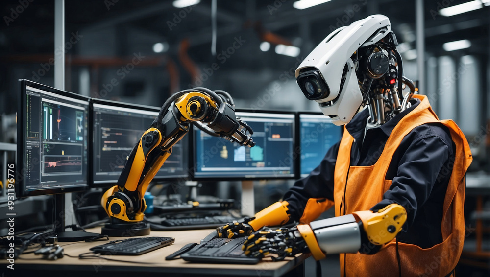 Engineer manager monitors and controls robot arm automation Engineer manager monitors and controls robot arm automation