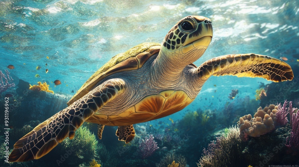 Fototapeta premium Sea Turtle Gracefully Swimming Through Coral Reef