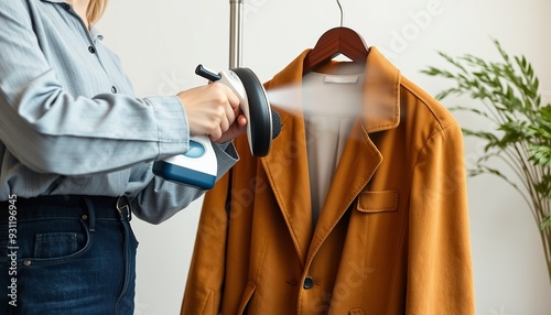 Close-Up of Young Woman Using Garment Steamer on Vertical Ironing Board with Suede Jacket photo