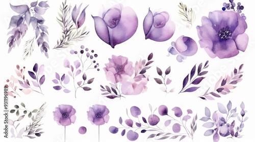 set of different fresh flowers in lilac colors on a white background. Neural network ai generated art