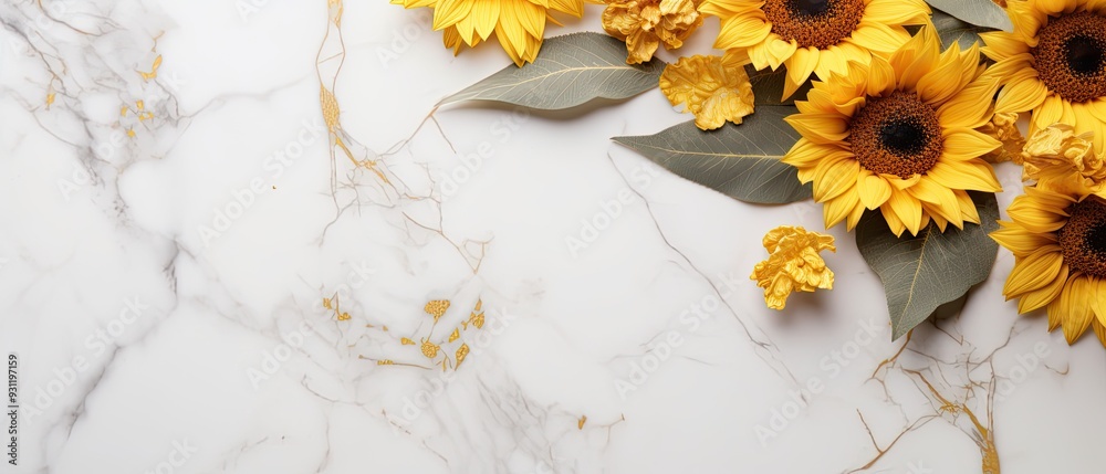 Obraz premium A top view of a luxurious marble background showcasing an arrangement of vibrant sunflowers and golden foliage. 