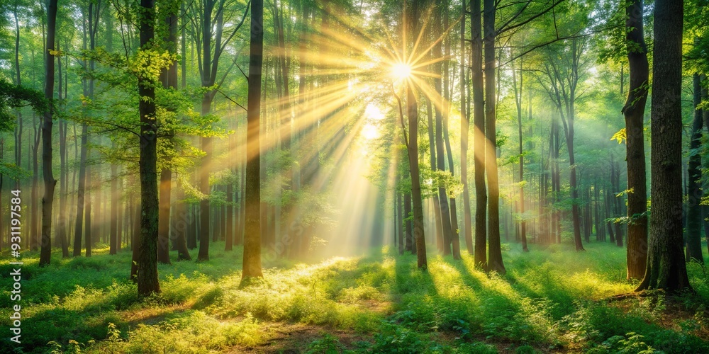 A soft blurred background of a forest scene with sun rays shining through the trees, nature, background, forest