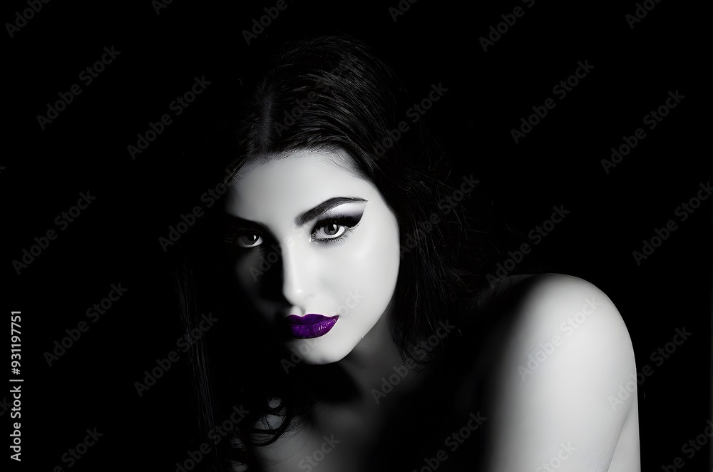 Black and white bodyscape capturing a young woman with vibrant lips and eyeshadow Black and white bodyscape capturing a young woman with vibrant lips and eyeshadow