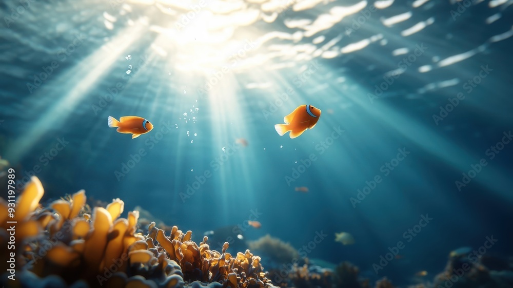 Naklejka premium School of fish swimming through kelp forest in calming underwater scene.