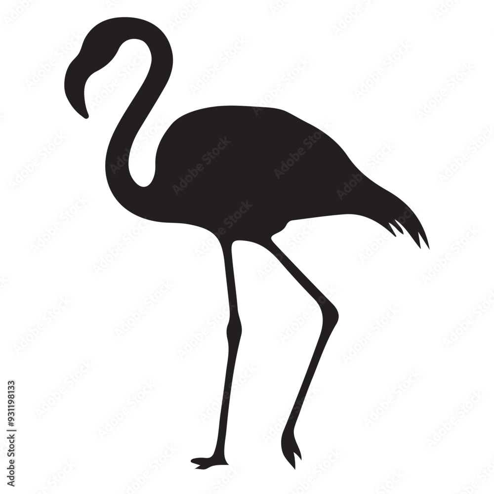 Obraz premium Vector illustration of flamingo in outline style is isolated on white background. Black silhouette of tropical bird flamingo standing on one leg .Cranes, Egrets, and Flamingoes