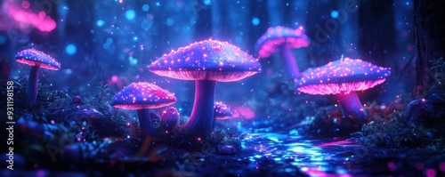 an enchanted forest featuring glowing mushrooms and sparkling streams
