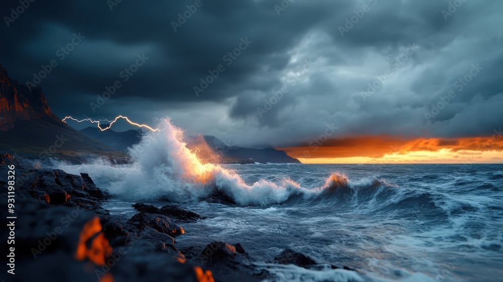 Fototapeta premium Lightning storm illuminating rocky coastline at night.