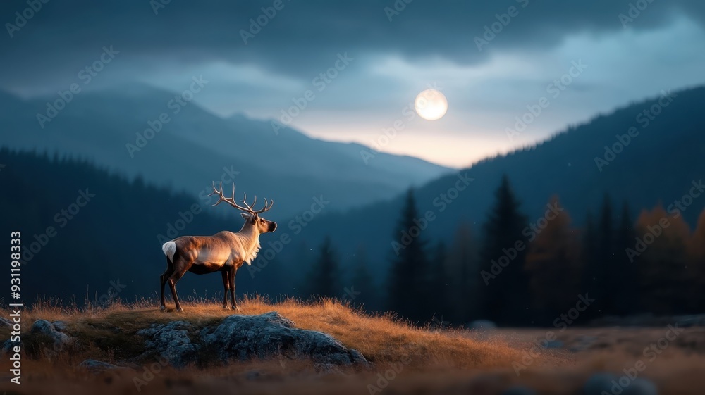Naklejka premium Reindeer silhouette against full moon on starry night.