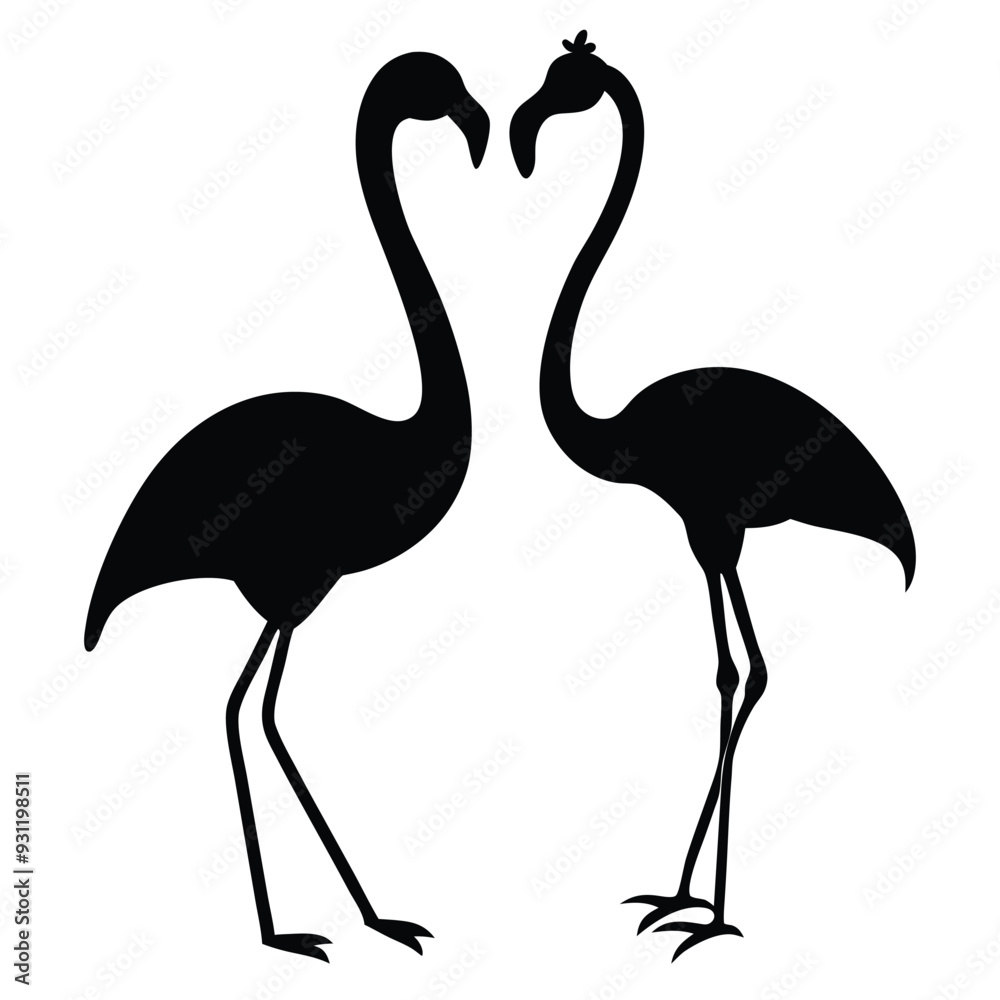 Obraz premium Vector illustration of flamingo in outline style is isolated on white background. Black silhouette of tropical bird flamingo standing on one leg .Cranes, Egrets, and Flamingoes