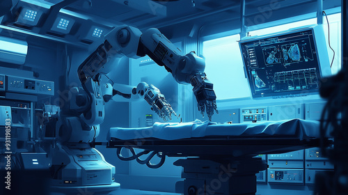 AI-driven robotic surgery system performing complex procedures with precision, utilizing advanced algorithms, real-time data analysis, and intelligent robotic arms to enhance surgical accuracy and pat