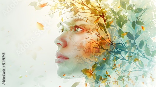 A double exposure watercolor of a woman's face intertwined with nature, facial features merging with leaves and petals, expressive brushstrokes, vibrant yet soft hues, delicate textures,