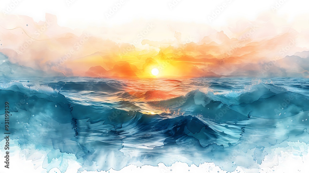 Fototapeta premium A double exposure watercolor of ocean waves cascading into a sunrise sky, the waves blending with the soft hues of morning light, expressive brushstrokes, warm yellows, oranges, and blues,