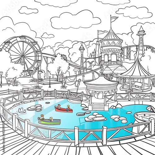 Black and White Illustration of a Theme Park.