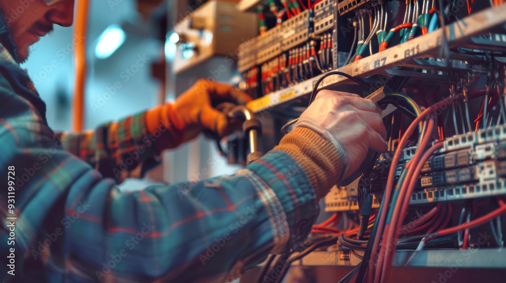 An electrician focuses intently, connecting cables within an electrical panel while working in a home setting, demonstrating skilled craftsmanship An electrician focuses intently, connecting cables within an electrical panel while working in a home setting, demonstrating skilled craftsmanship