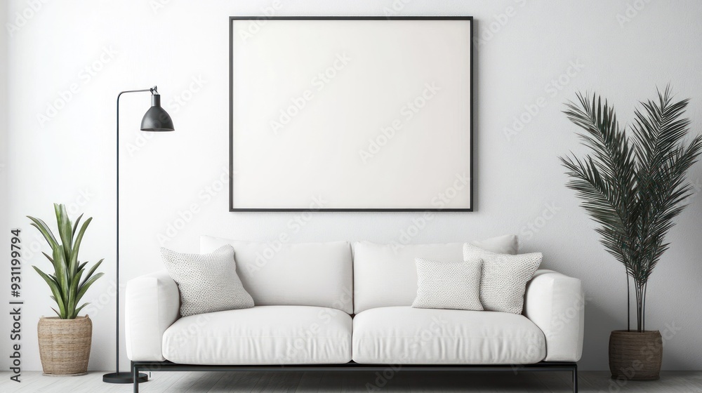 Minimalist Living Room with White Sofa and Blank Canvas Minimalist Living Room with White Sofa and Blank Canvas